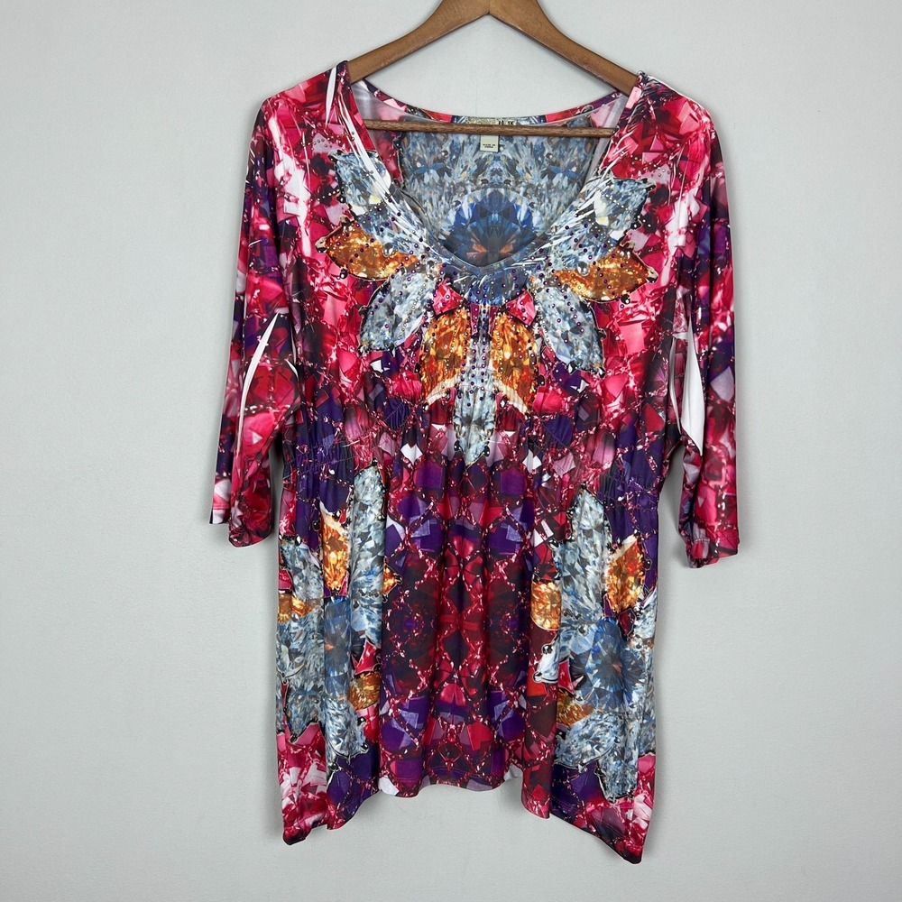 One World Tunic Top Women 1X Colorful Abstract Rhinestone Boho 3/4 Sleeve V-Neck